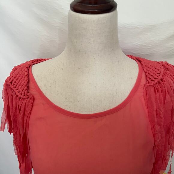 MAAC London Sheer Fringe Womens Top Sz L Y2K Festival Boho Coral Macrame Western - Picture 2 of 14